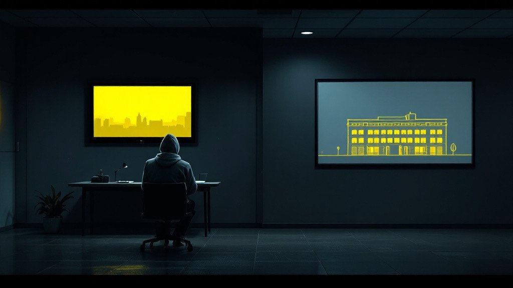 Panel 2, The Judge Inside the Building. Illustration. The lamp-yellow room inside the building on the right. Everything else is preparation for noticing it.