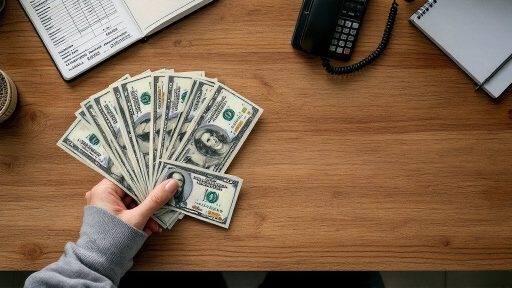 Panel 6, Five Hundred Dollars, Nonrefundable. Illustration. The gap between the hand and the money. She is not touching it. She has already let it go.