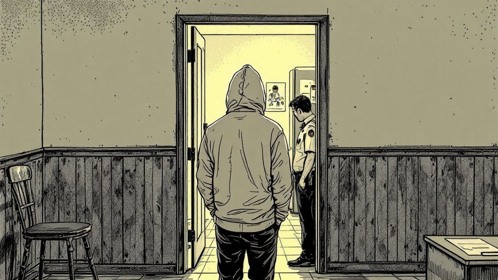 Panel 7, The Version Where You Went Home. Illustration. The child's drawing on the refrigerator, barely visible. Smallest element, highest emotional weight.