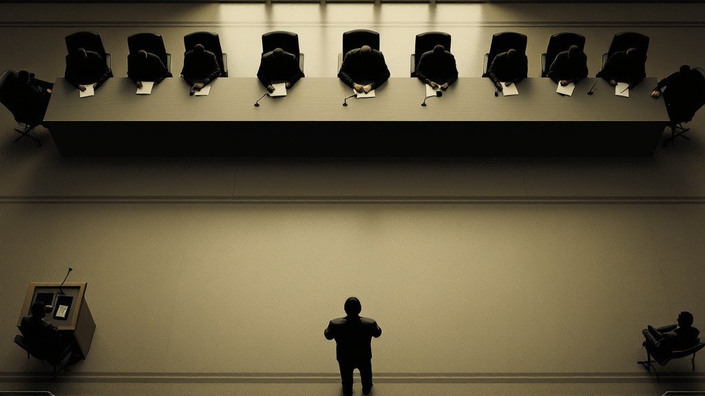 Panel 9, The Table Where It Is Approved. Illustration. The empty floor. The subject of the panel is an absence — specifically, the reader's absence.