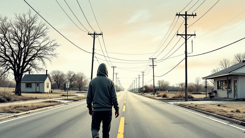 Panel 22, Nineteen Miles and No Bus. Illustration. The empty road between the two structures. The subject is a gap.