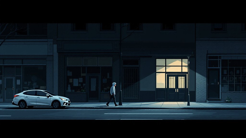 Panel 24, One Place Open at Two in the Morning. Illustration. The open door. Yellow, warm, welcoming, and it is the wrong one, and it is the only one.
