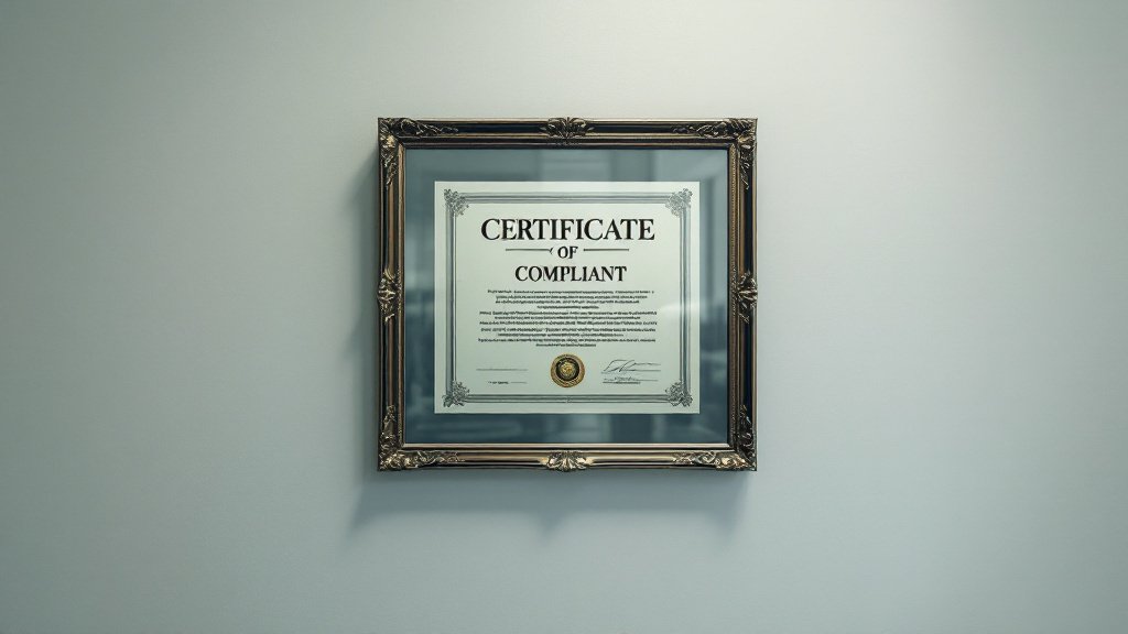 Panel 29, There Is a Board. Illustration. The reflection in the glass. The reader should find the certificate first, read 'COMPLIANT', and only then notice the pod inside it.